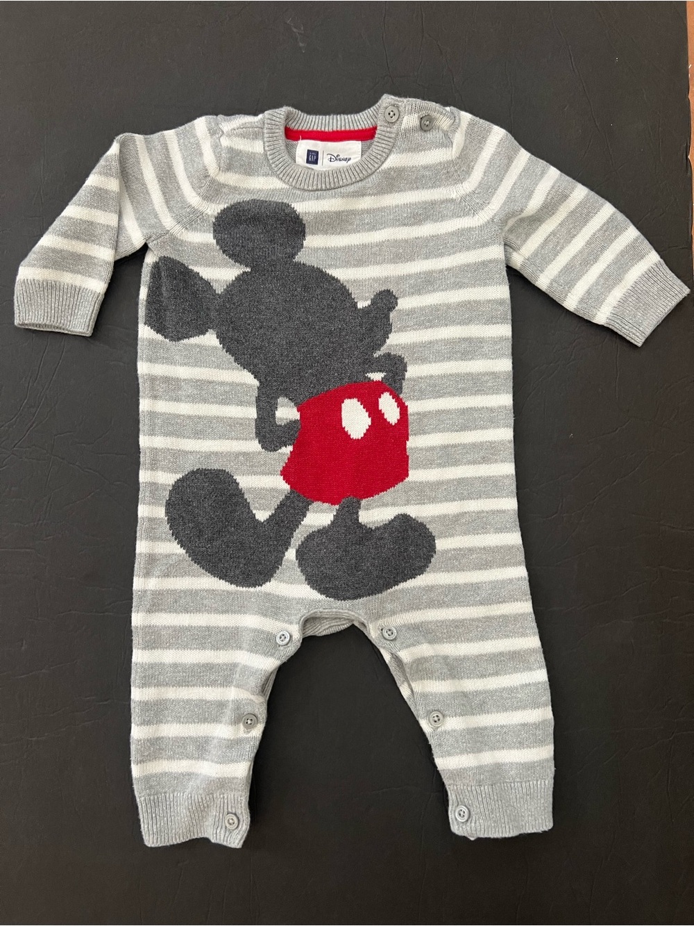 Disney x Gap Gray & White Striped Mickey Knit One-Piece romper bodysuit